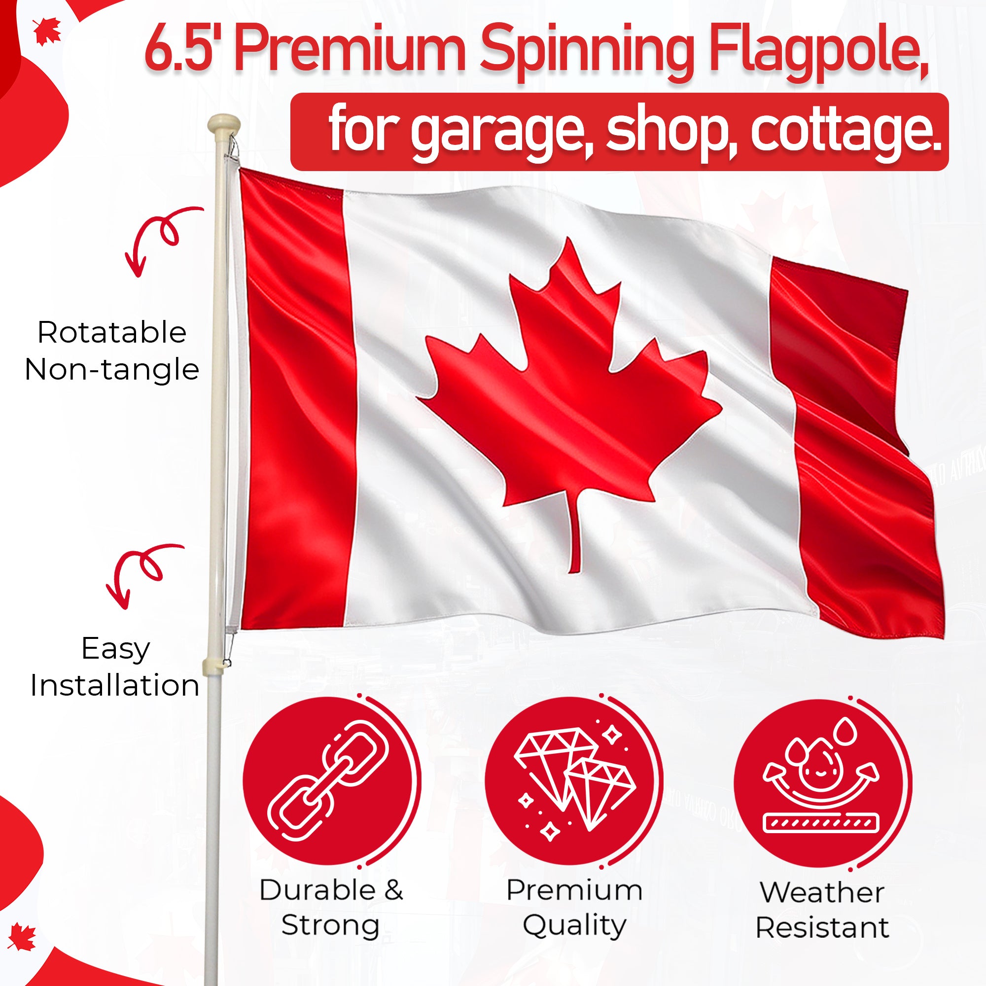 6.5' Premium Spinning Flagpole, for garage, shop, cottage.