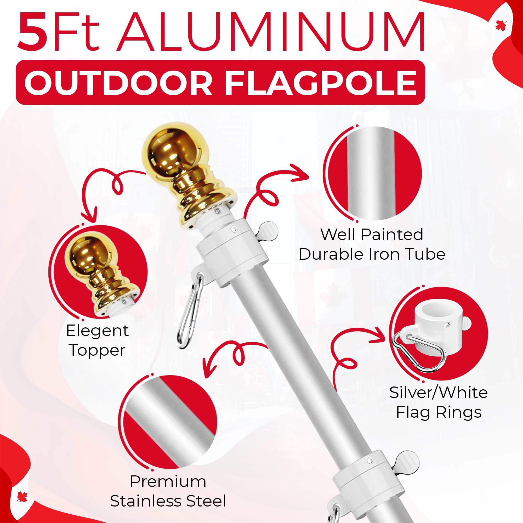 1.5m 5FT Aluminum Outdoor Flagpole Rotatable Non-tangle, Spinning Flagpole